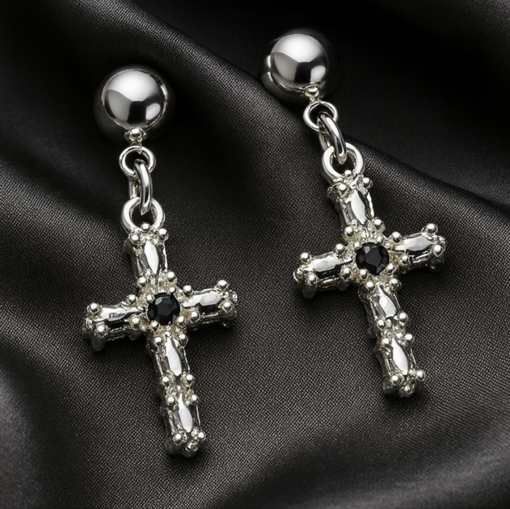 Silver Gothic Cross Earrings – Dark Stone Studs, Statement Christian Jewelry